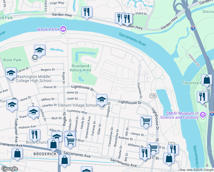 map of restaurants, bars, coffee shops, grocery stores, and more near 500 Douglas Street in West Sacramento