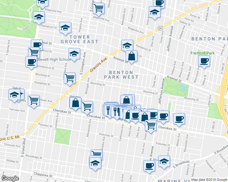 map of restaurants, bars, coffee shops, grocery stores, and more near 3237 Oregon Avenue in St. Louis