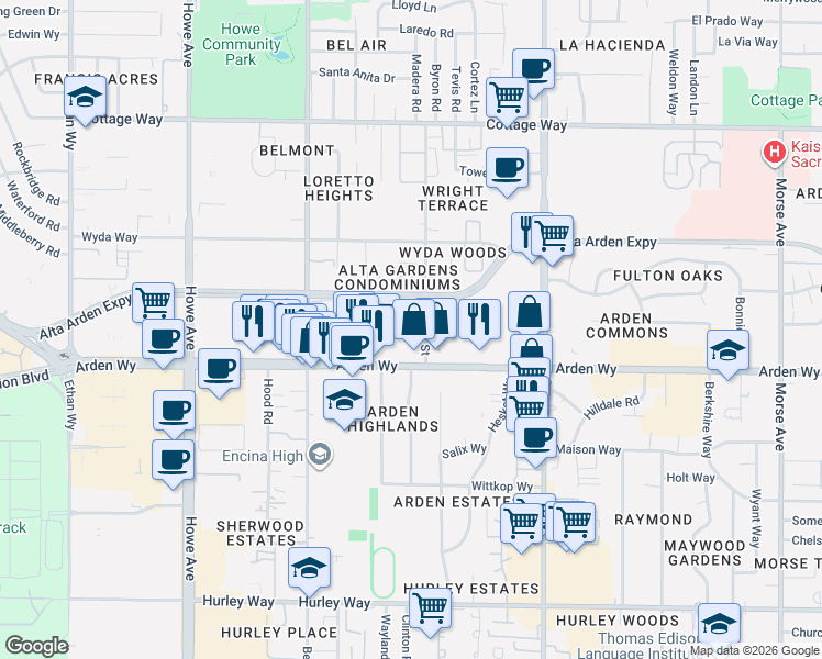 map of restaurants, bars, coffee shops, grocery stores, and more near 1741 Wright Street in Sacramento