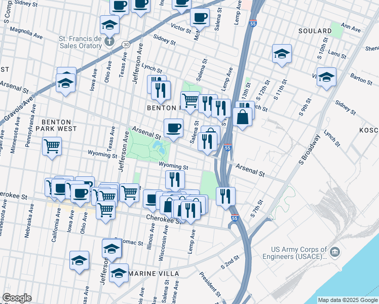 map of restaurants, bars, coffee shops, grocery stores, and more near 1933 Wyoming Street in St. Louis