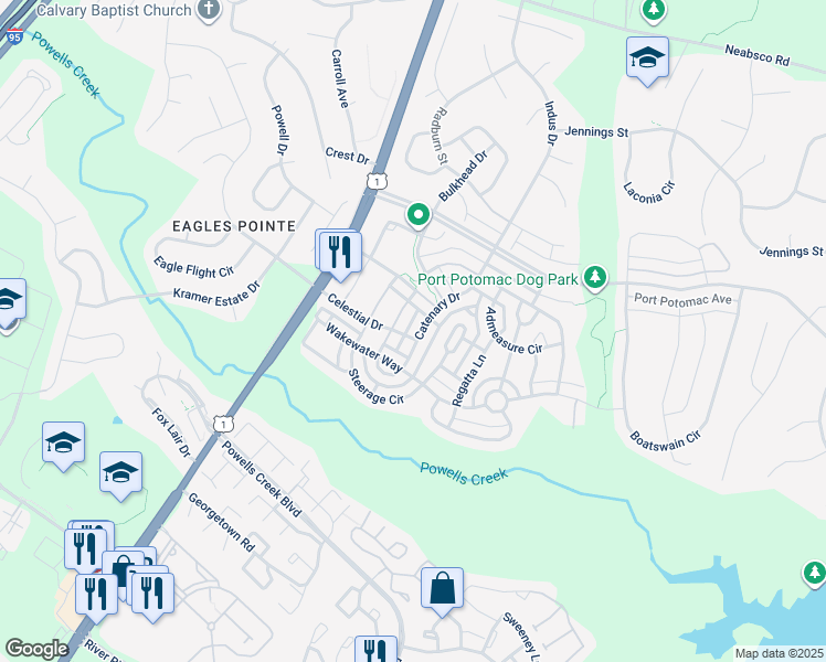 map of restaurants, bars, coffee shops, grocery stores, and more near 16284 Catenary Drive in Woodbridge