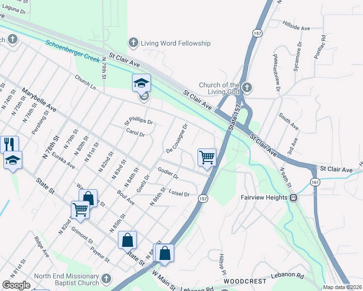 map of restaurants, bars, coffee shops, grocery stores, and more near 9 Bouganville Drive in East St. Louis