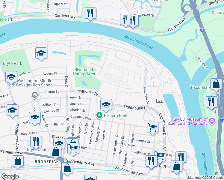 map of restaurants, bars, coffee shops, grocery stores, and more near 500 Douglas Street in West Sacramento
