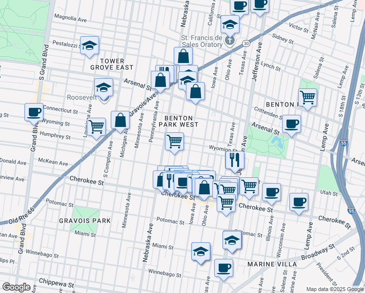 map of restaurants, bars, coffee shops, grocery stores, and more near 3171 California Avenue in St. Louis