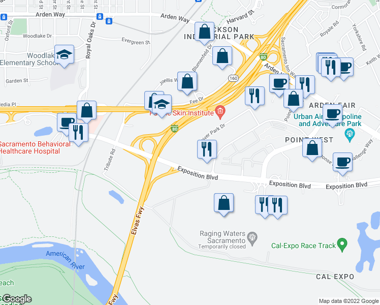 map of restaurants, bars, coffee shops, grocery stores, and more near 1425 River Park Drive in Sacramento