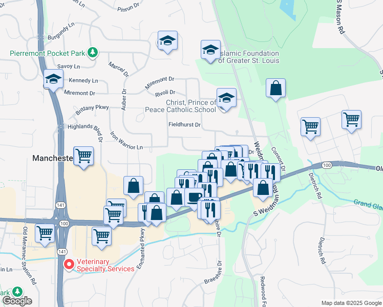 map of restaurants, bars, coffee shops, grocery stores, and more near 1226 Wissmann Drive in Ballwin
