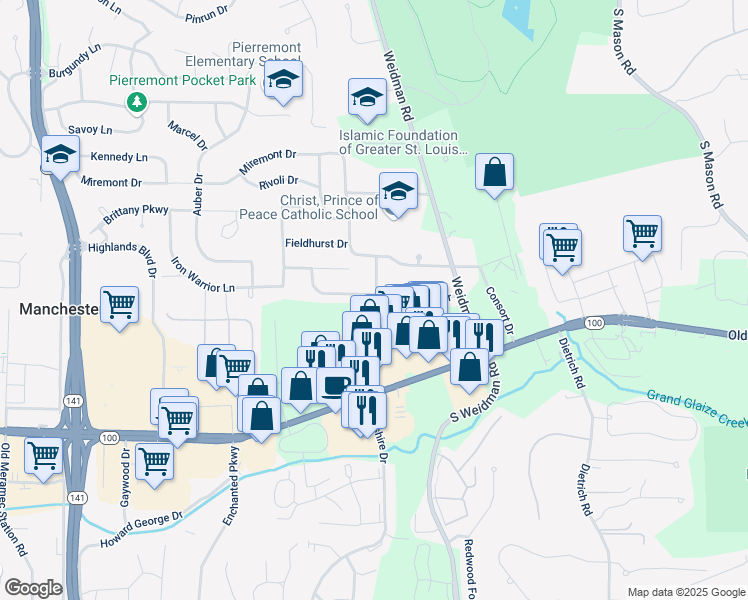 map of restaurants, bars, coffee shops, grocery stores, and more near 1240 Wissmann Drive in Ballwin