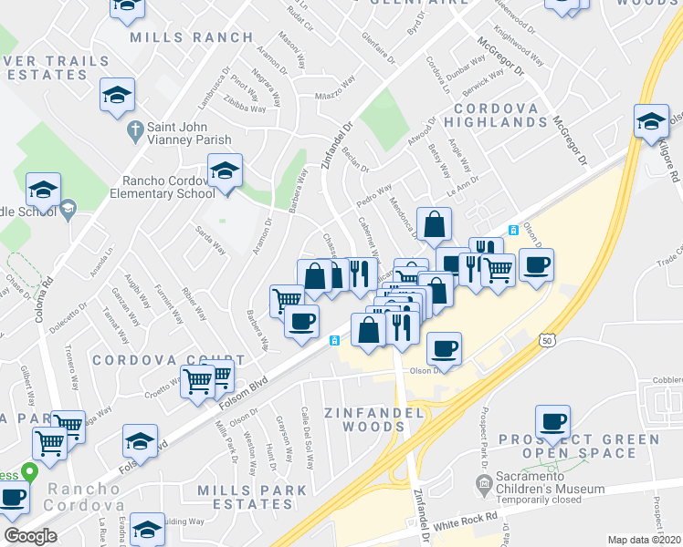 map of restaurants, bars, coffee shops, grocery stores, and more near 2700 Zinfandel Drive in Rancho Cordova
