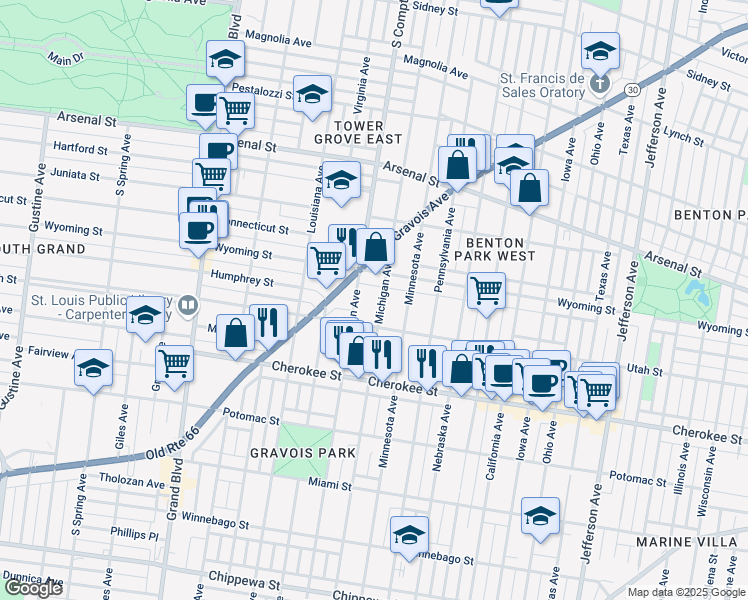 map of restaurants, bars, coffee shops, grocery stores, and more near 3140 Wyoming Street in St. Louis