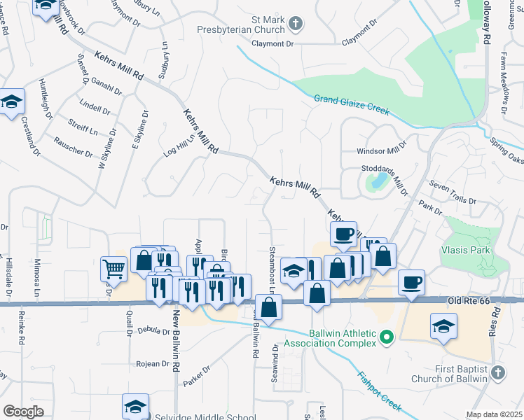 map of restaurants, bars, coffee shops, grocery stores, and more near 211 Steamboat Lane in Ballwin