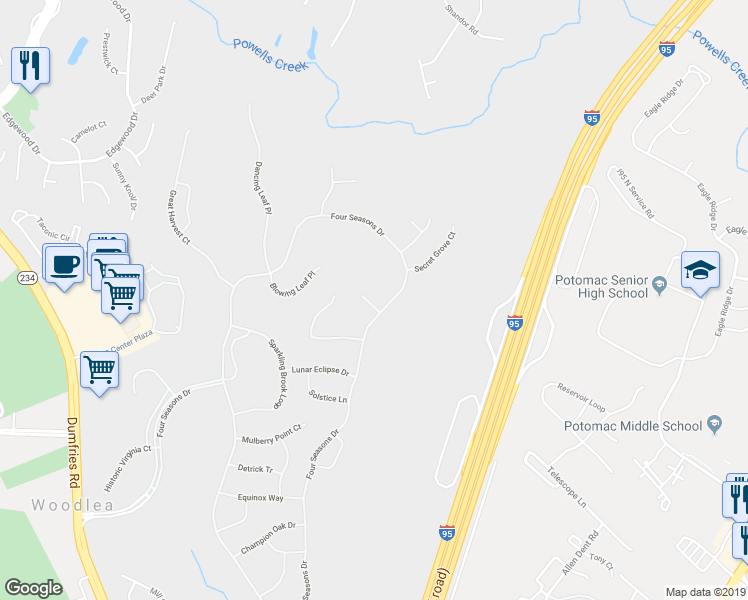 map of restaurants, bars, coffee shops, grocery stores, and more near 17140 Four Seasons Drive in Montclair