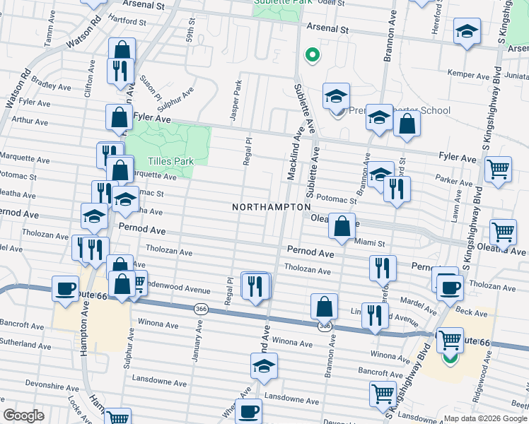 map of restaurants, bars, coffee shops, grocery stores, and more near 5456 Potomac Street in St. Louis
