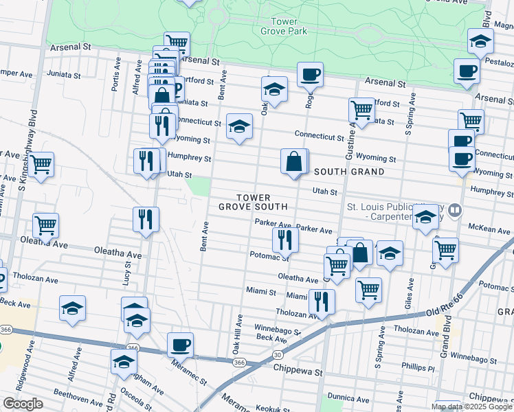 map of restaurants, bars, coffee shops, grocery stores, and more near in St. Louis