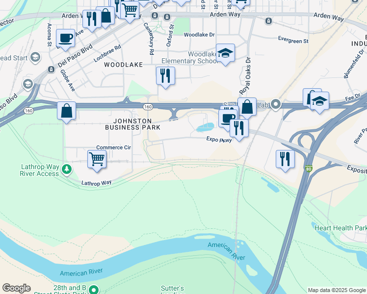 map of restaurants, bars, coffee shops, grocery stores, and more near 1500 Expo Parkway in Sacramento