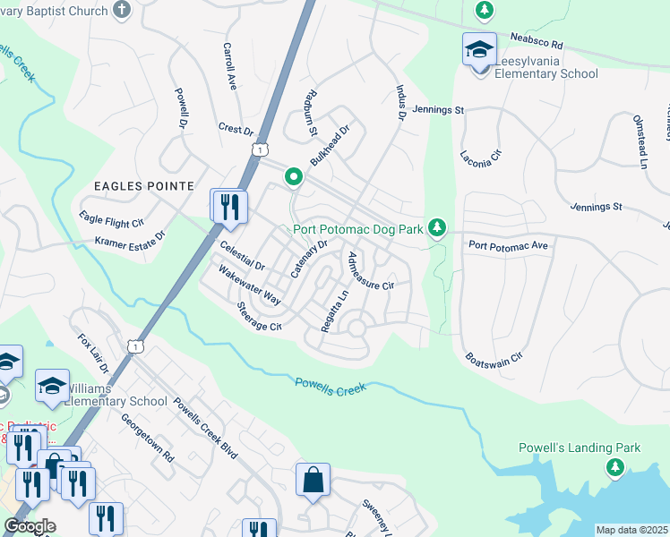 map of restaurants, bars, coffee shops, grocery stores, and more near 2420 Five Fathom Circle in Woodbridge