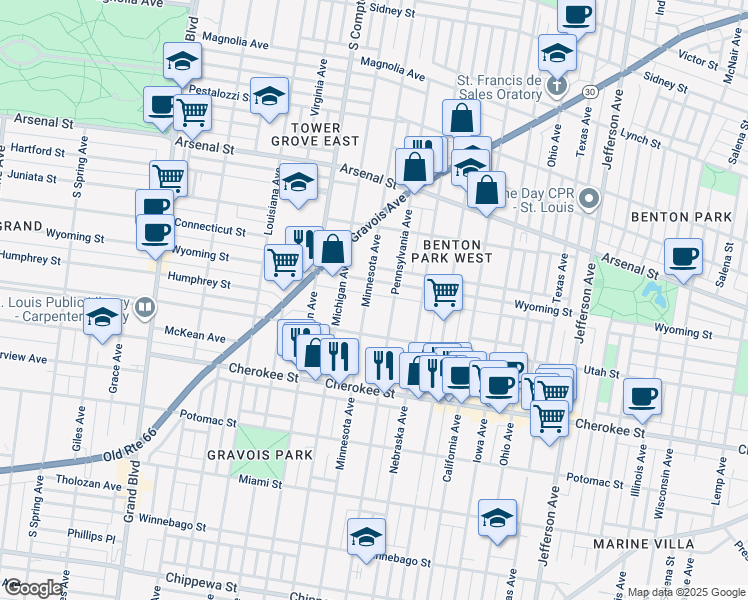 map of restaurants, bars, coffee shops, grocery stores, and more near 3100 Wyoming Street in St. Louis