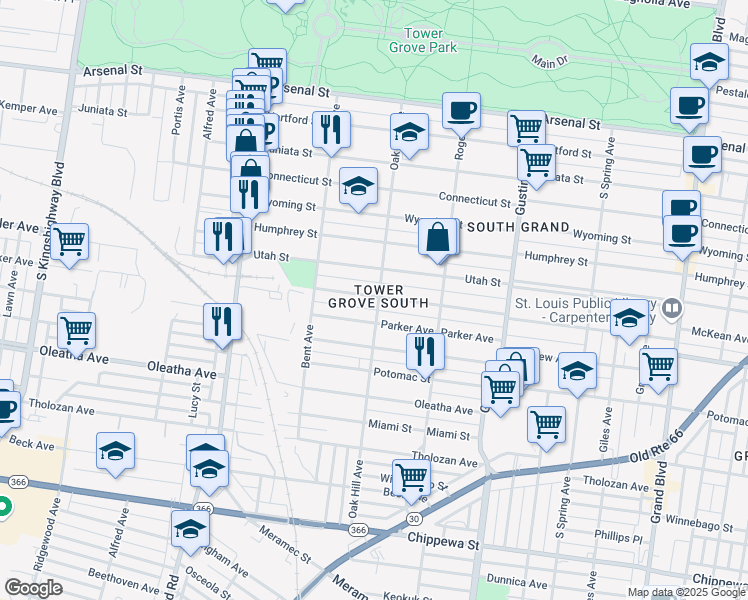 map of restaurants, bars, coffee shops, grocery stores, and more near 3337 Oak Hill Avenue in St. Louis