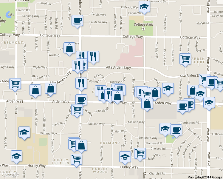 map of restaurants, bars, coffee shops, grocery stores, and more near 2860 Anderson Way in Sacramento