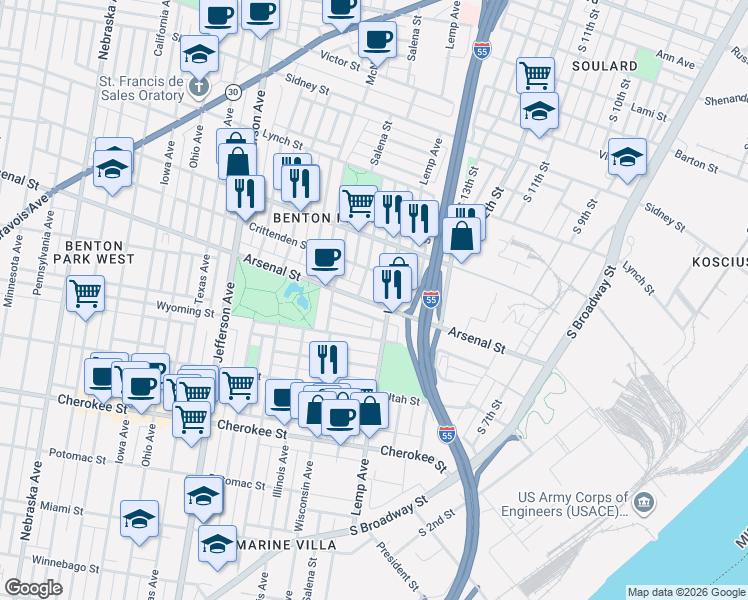 map of restaurants, bars, coffee shops, grocery stores, and more near 3015 Salena Street in St. Louis