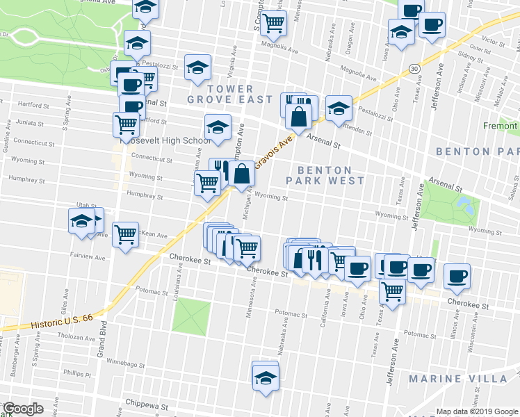 map of restaurants, bars, coffee shops, grocery stores, and more near 3100 Wyoming Street in St. Louis