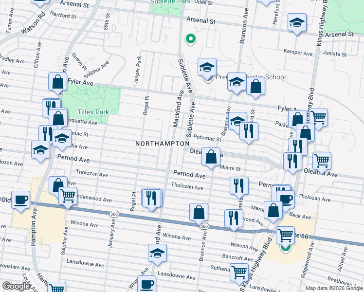 map of restaurants, bars, coffee shops, grocery stores, and more near 3414 Macklind Avenue in St. Louis