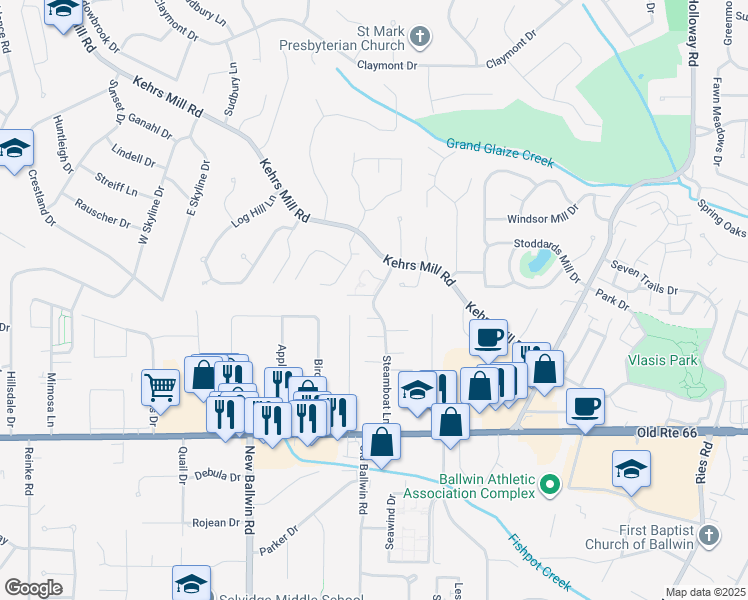 map of restaurants, bars, coffee shops, grocery stores, and more near 211 Steamboat Lane in Ballwin