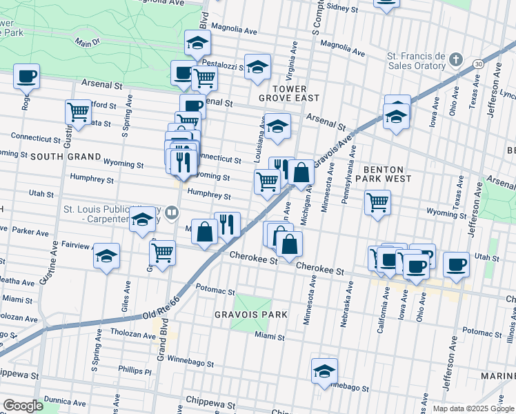 map of restaurants, bars, coffee shops, grocery stores, and more near 3314 Humphrey Street in St. Louis
