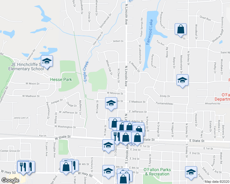 map of restaurants, bars, coffee shops, grocery stores, and more near 511 North Cherry Street in O'Fallon