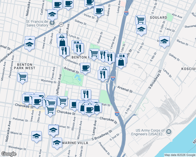 map of restaurants, bars, coffee shops, grocery stores, and more near 3015 Salena Street in St. Louis