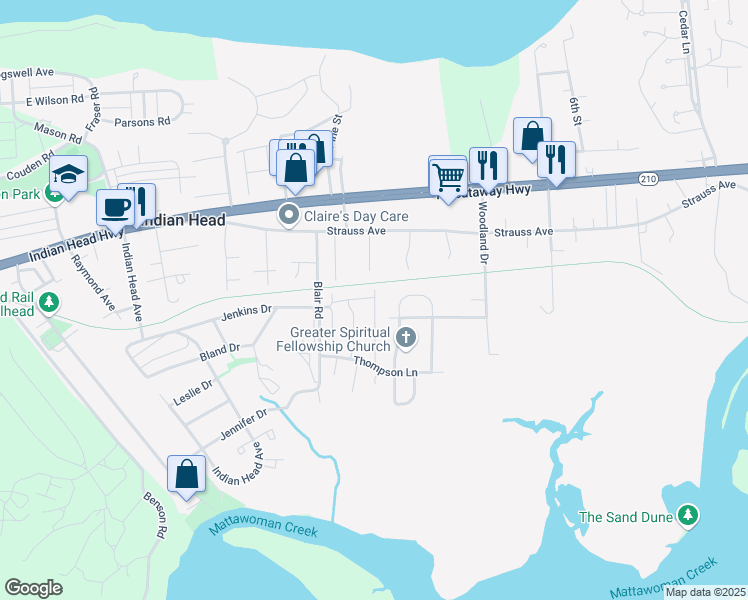 map of restaurants, bars, coffee shops, grocery stores, and more near 49 Riverside Run Drive in Indian Head