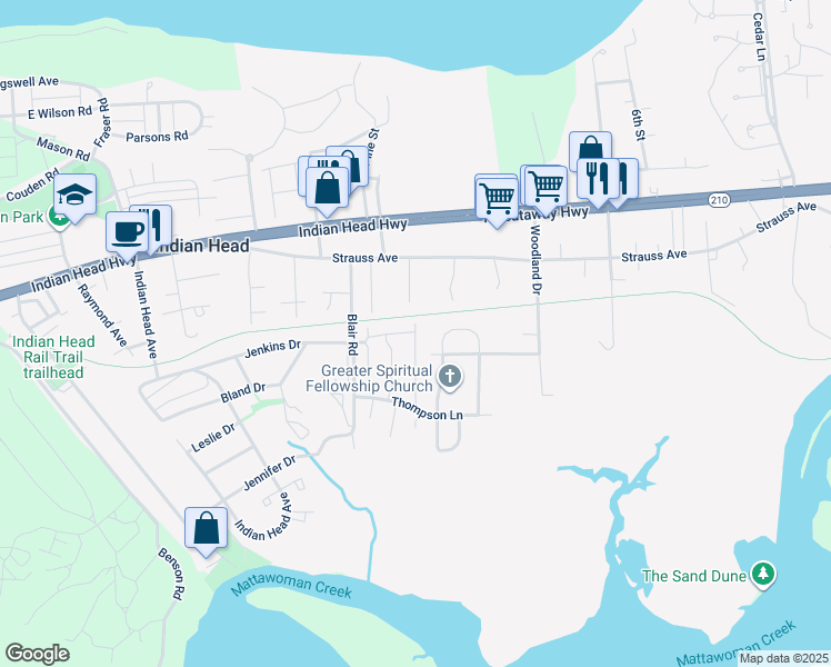 map of restaurants, bars, coffee shops, grocery stores, and more near 51 Riverside Run Drive in Indian Head