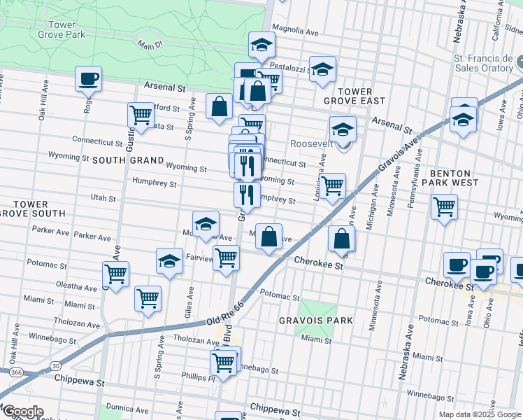 map of restaurants, bars, coffee shops, grocery stores, and more near 3516 Humphrey Street in St. Louis