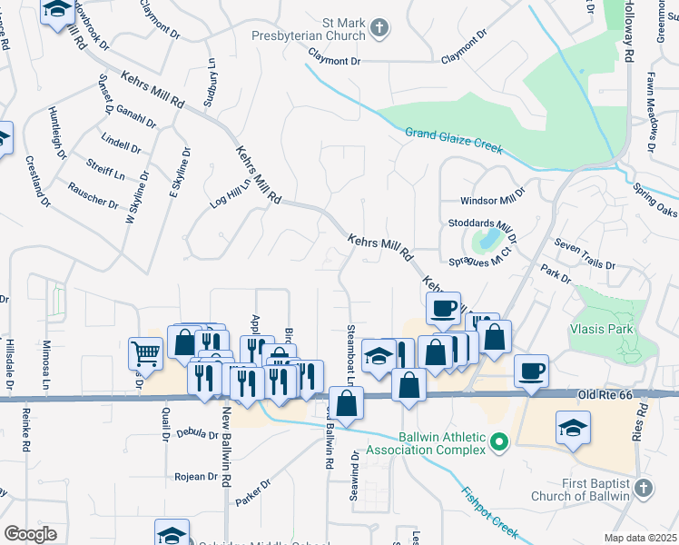 map of restaurants, bars, coffee shops, grocery stores, and more near 211 Steamboat Lane in Ballwin