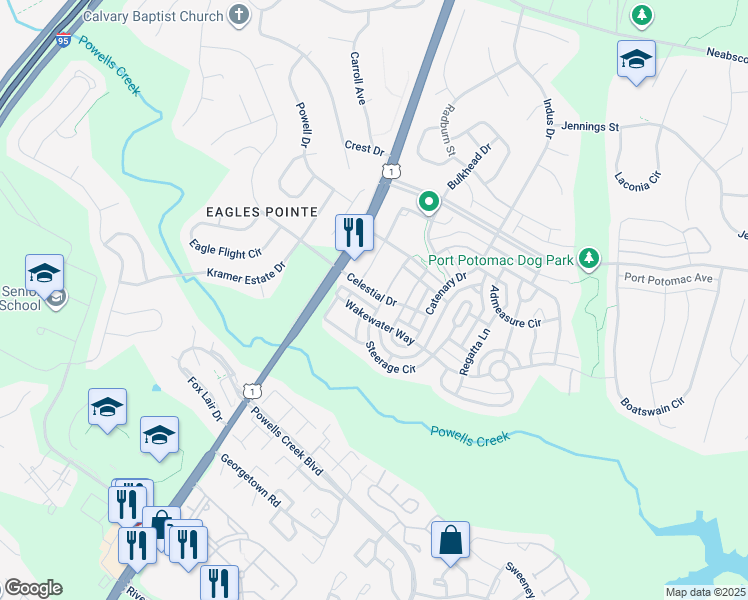 map of restaurants, bars, coffee shops, grocery stores, and more near 2703 Celestial Drive in Woodbridge