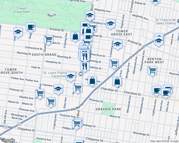 map of restaurants, bars, coffee shops, grocery stores, and more near 3516 Humphrey Street in St. Louis