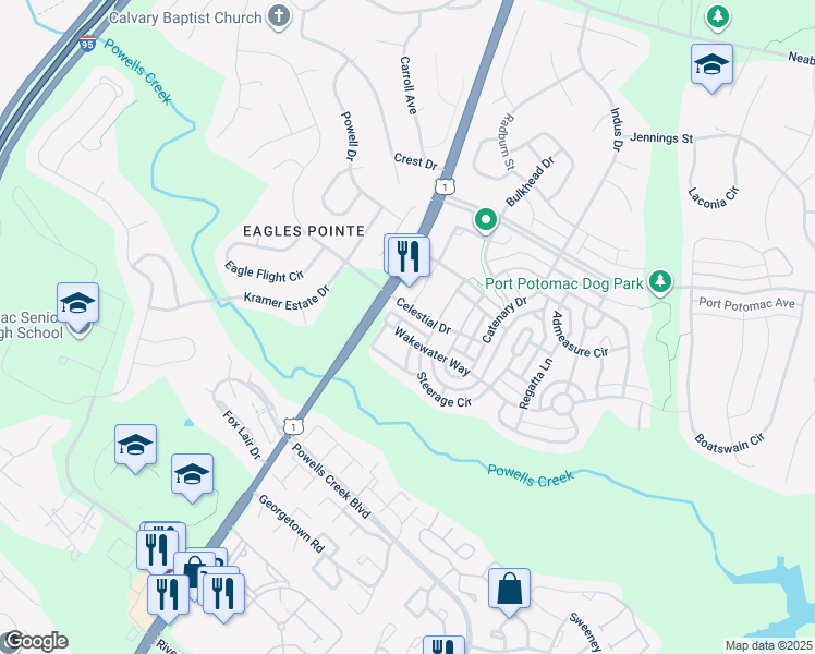map of restaurants, bars, coffee shops, grocery stores, and more near 2772 Wakewater Way in Woodbridge