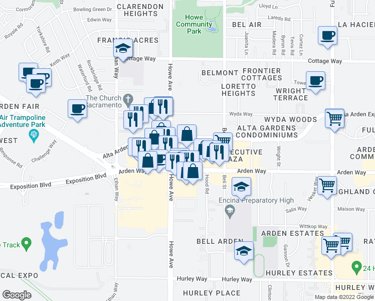 map of restaurants, bars, coffee shops, grocery stores, and more near 1750 Howe Avenue in Sacramento