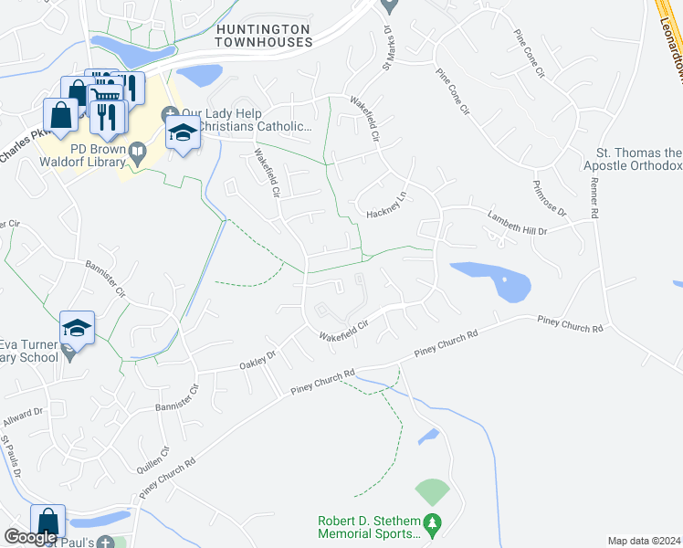 map of restaurants, bars, coffee shops, grocery stores, and more near 2529 Robinson Place in Waldorf