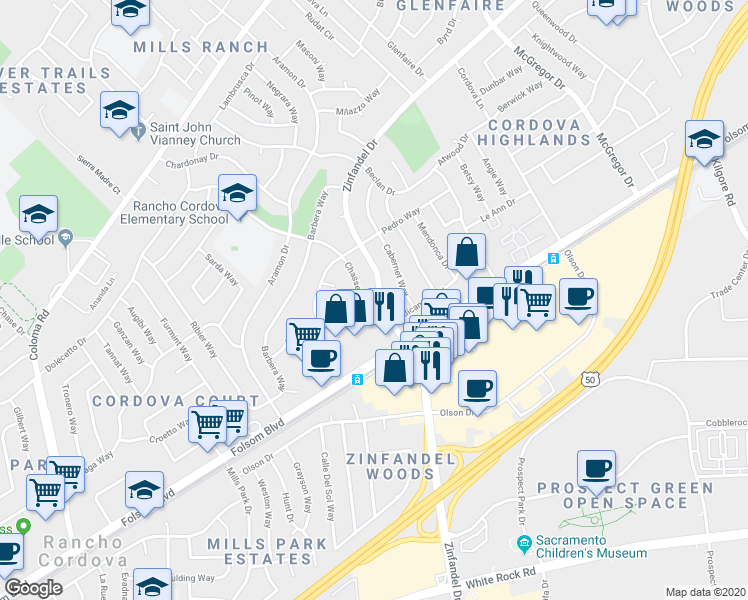 map of restaurants, bars, coffee shops, grocery stores, and more near 2708 Zinfandel Drive in Rancho Cordova