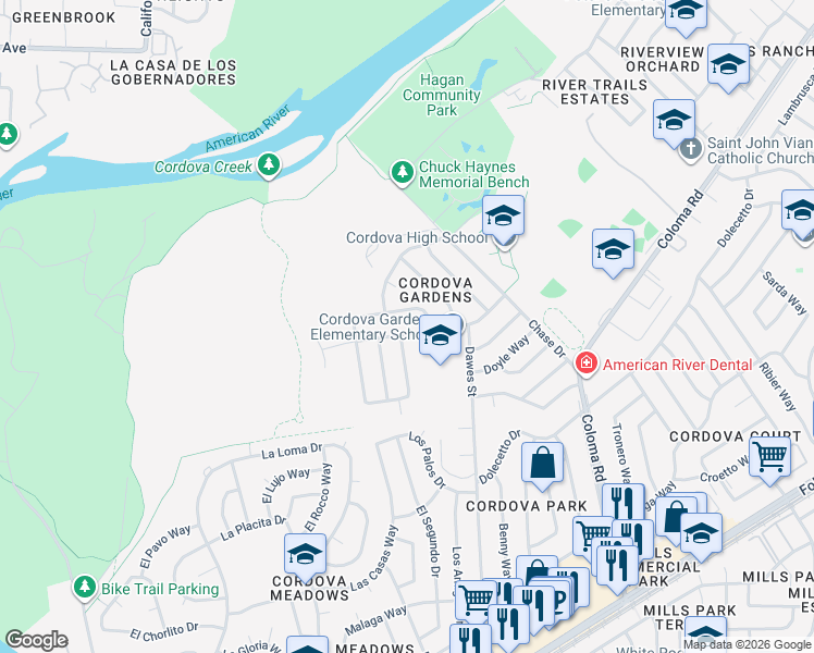 map of restaurants, bars, coffee shops, grocery stores, and more near 10265 Agnes Circle in Rancho Cordova