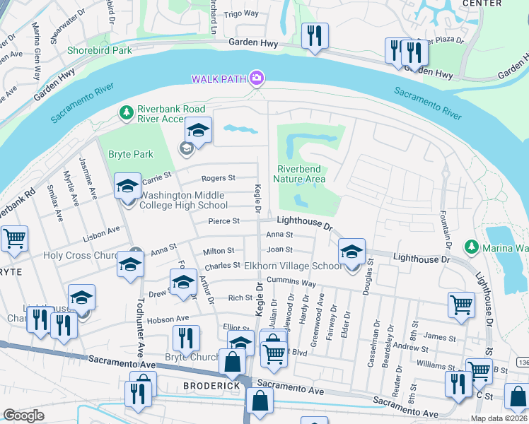 map of restaurants, bars, coffee shops, grocery stores, and more near 525 Westlake Drive in West Sacramento