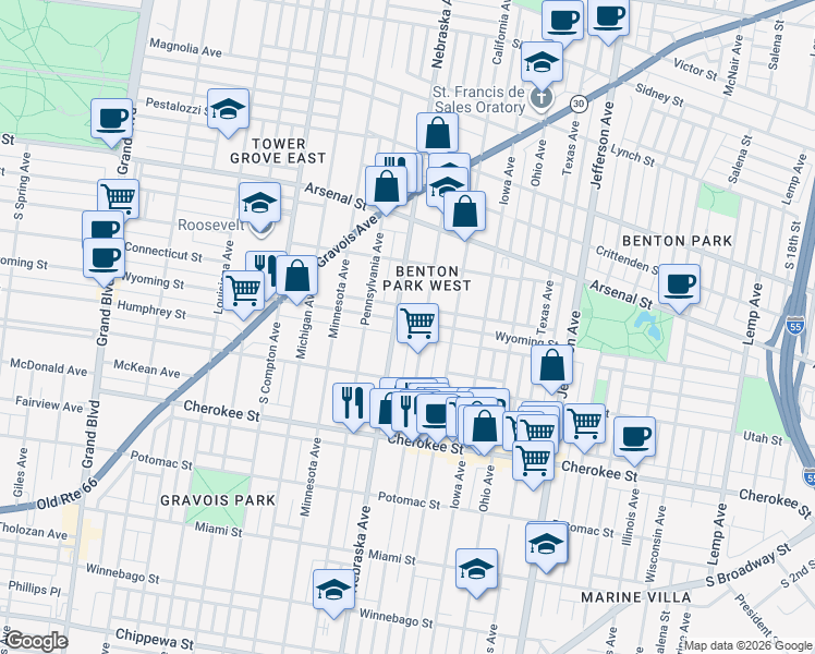 map of restaurants, bars, coffee shops, grocery stores, and more near 2845 Wyoming Street in St. Louis