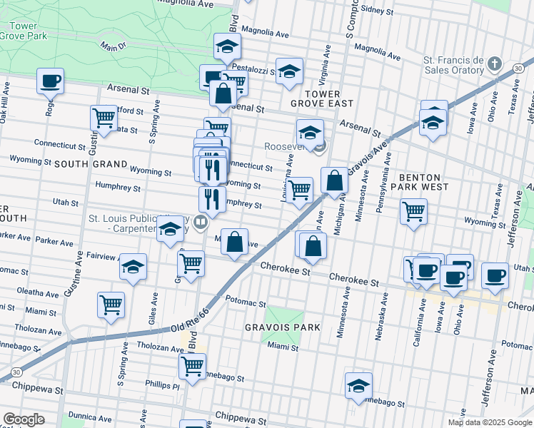 map of restaurants, bars, coffee shops, grocery stores, and more near 3437 Humphrey Street in St. Louis