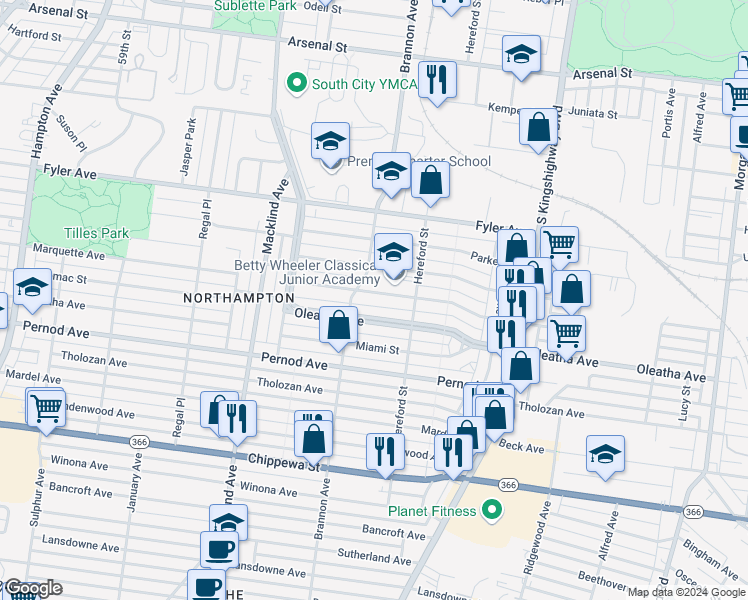 map of restaurants, bars, coffee shops, grocery stores, and more near 5061 Potomac Street in St. Louis