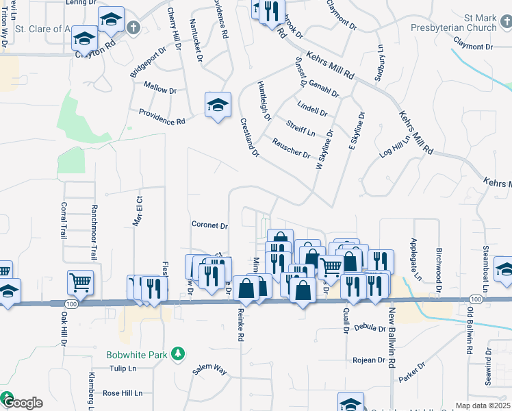map of restaurants, bars, coffee shops, grocery stores, and more near 222 Hillsdale Drive in Ballwin