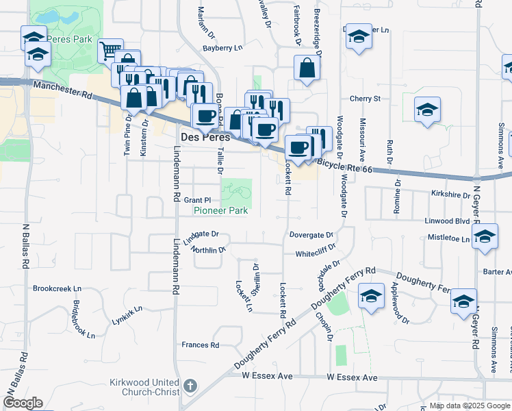 map of restaurants, bars, coffee shops, grocery stores, and more near 942 Nana Lane in Des Peres