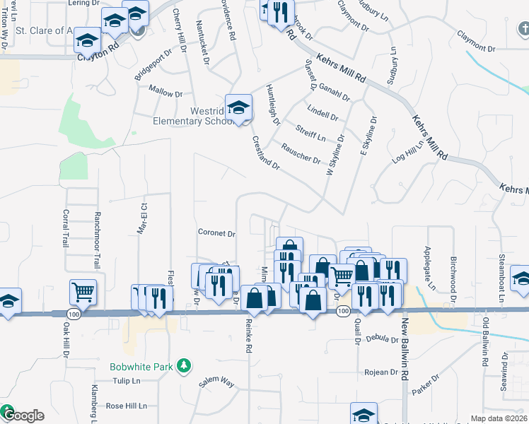 map of restaurants, bars, coffee shops, grocery stores, and more near 222 Hillsdale Drive in Ballwin