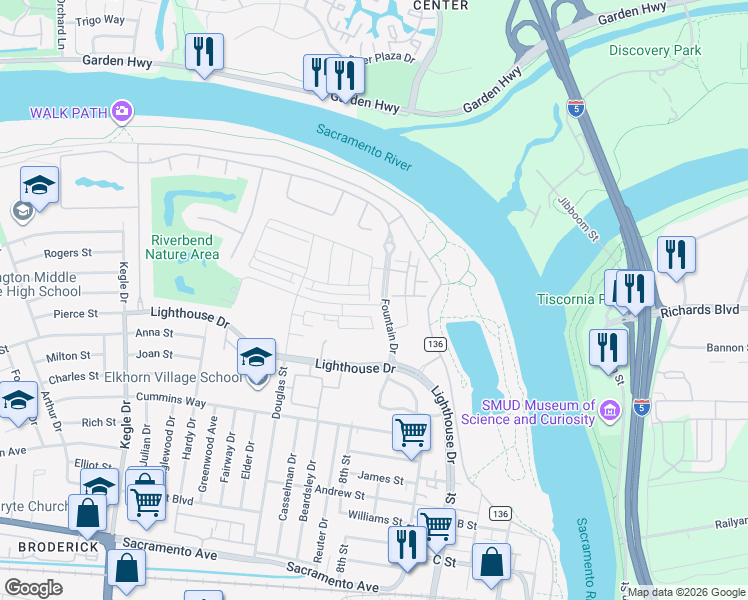 map of restaurants, bars, coffee shops, grocery stores, and more near 420 Regatta Lane in West Sacramento