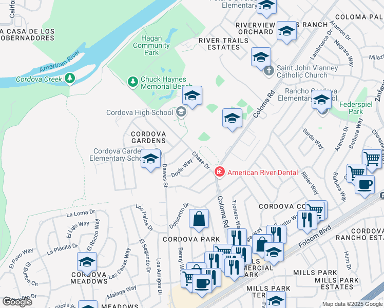 map of restaurants, bars, coffee shops, grocery stores, and more near 2410 Chase Drive in Rancho Cordova