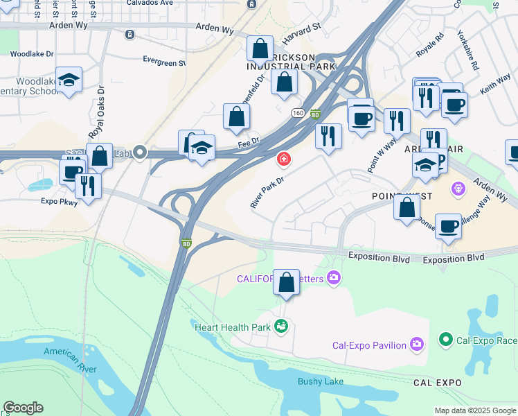 map of restaurants, bars, coffee shops, grocery stores, and more near 1435-1445 River Park Drive in Sacramento